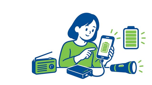 災害時の停電に備えてスマートフォンを充電する女性と防災用品のイラスト｜スマホ、充電、モバイルバッテリー、ラジオ、懐中電灯、防災