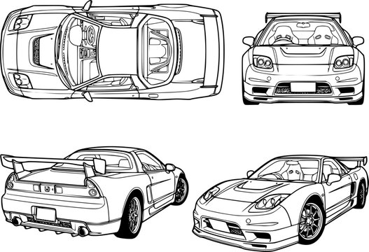 Japanese  sport car  multi-angle view blueprint vector line art illustration isolated on white background