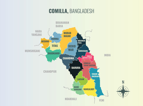 Comilla Bangladesh Zila into Upazila in a minimalist colorful style map showing