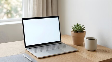 Fototapeta premium Mockup of an open laptop with blank screen on a wooden desk with plant