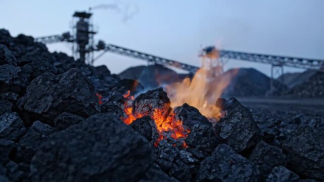 Glowing embers of a coal fire burning near industrial conveyors, with smoke affecting the nighttime environment.