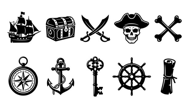 Vintage pirate emblem silhouette set with galleon treasure chest crossed swords skull and nautical symbols