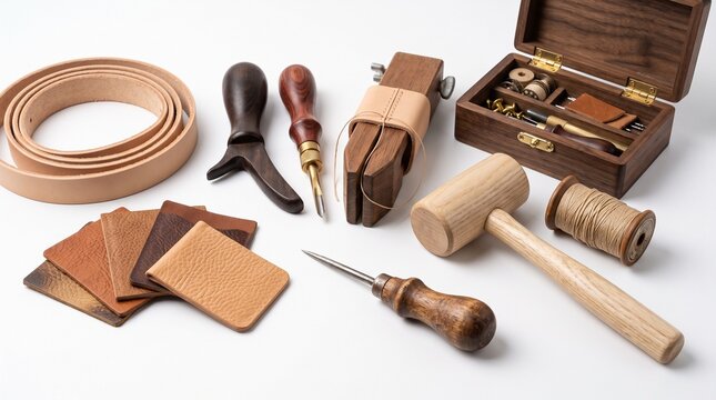 Professional leather crafting tools arranged neatly on a white surface featuring wooden mallets steel awls needles thread rolls and natural vegetable tanned hide leather swatches