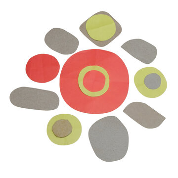 Collection of various paper shapes including circles and rectangles in red, yellow, and grey colors arranged on a white background surface isolated on a transparent background