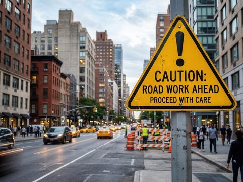 Caution Road Work Ahead Sign In Busy City Street Traffic And Buildings