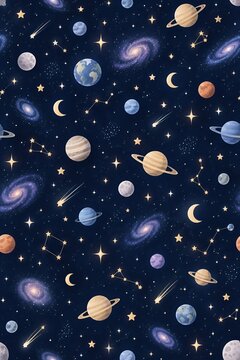  Seamless Pattern of Outer Space Planets Galaxies and Constellations