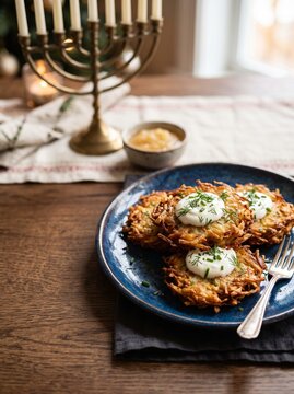 Potato Latkes Served with Sour Cream for Hanukkah Celebration