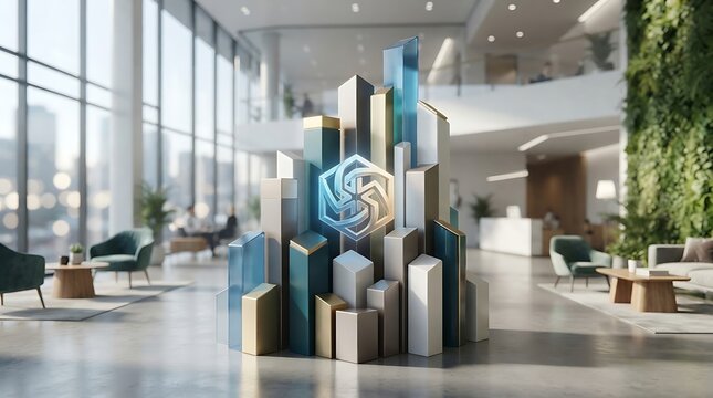Estrategia de marca representation with modern architectural sculpture in corporate office lobby interior