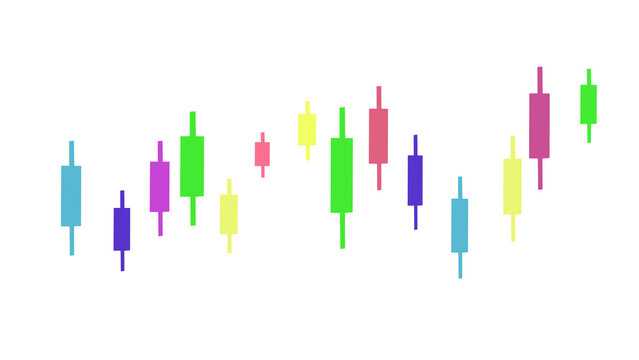 Colorful candlestick chart bars on a transparent background, showing changing market prices and financial trading movement.