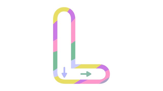 Capital letter L writing animation with direction arrows on a white background. Educational video asset for kids, preschool, and kindergarten students learning handwriting, alphabet tracing, and ABCs.