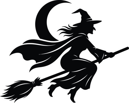 A Silhouetted Witch Flying Through The Night Sky On A Wooden Broomstick