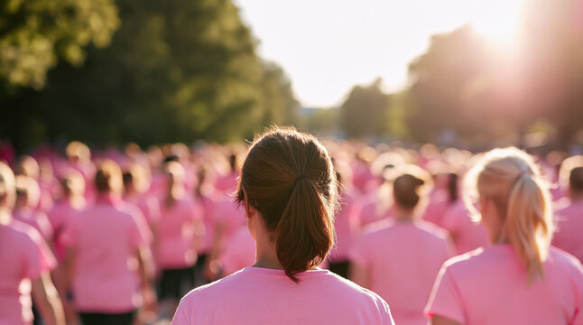 People participating in a pink charity walk event for breast cancer awareness as a large group in a sunset crowd