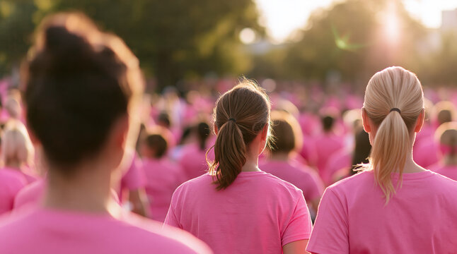 Women in pink shirts walking in a charity crowd for breast cancer awareness event showing community support solidarity