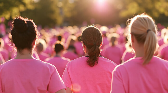 Women and people in a crowd wearing pink shirts for a breast cancer awareness charity walk fundraiser health event
