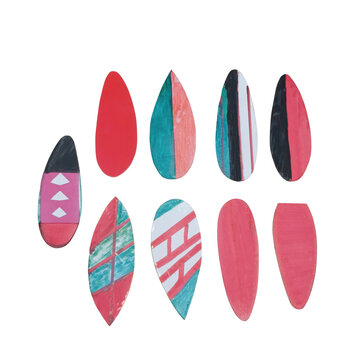Eight surfboard shaped paper cutouts with various colorful patterns and painted arranged in two rows on a white background isolated on a transparent background