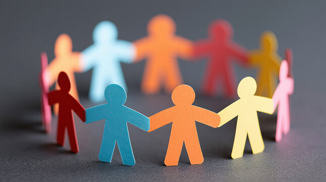 People in a colorful paper cutout circle showing unity and teamwork for community diversity and social connection
