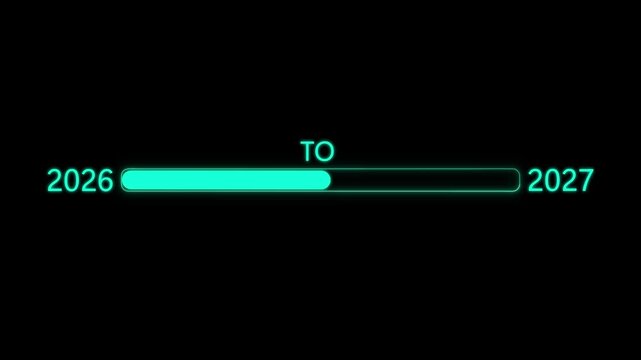 New year 2027 cyan  icon loading bar animation Year changing from 2026 to 2027. Loading bar from 2026 to 2027 new year transfer animation. Almost reaching New Year on black background, 4k video.
