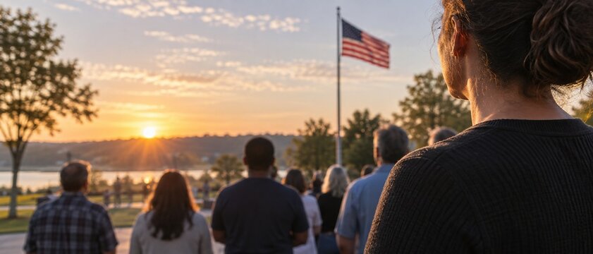 People gathered at sunset placing hands over their hearts to honor american values and pay tribute to those we remember
