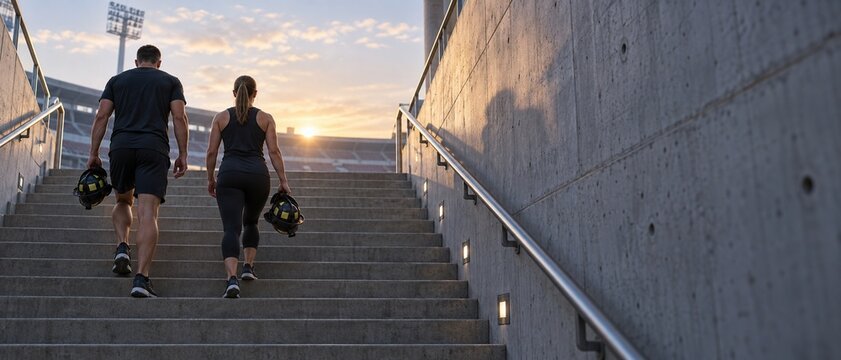 Dedicated athletes training on stadium stairs at sunset in tribute to american values and remembrance