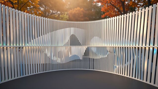 An elegant contemporary outdoor installation features a gracefully curved white slatted wall creating a dynamic wave-like visual effect, framed by vibrant autumn trees and warm sunlight.