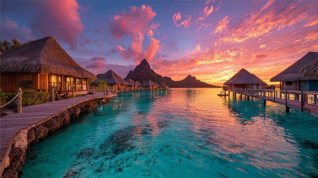 Bora bora tropical paradise at sunset with luxurious overwater bungalows, turquoise lagoon and mount otemanu, exotic island vacation getaway and romantic honeymoon destination in french polynesia