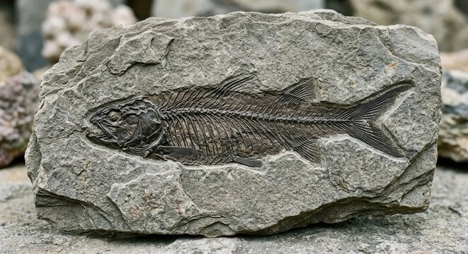 Ancient Fossilized Fish Skeleton Embedded in Rock Displayed Outdoors