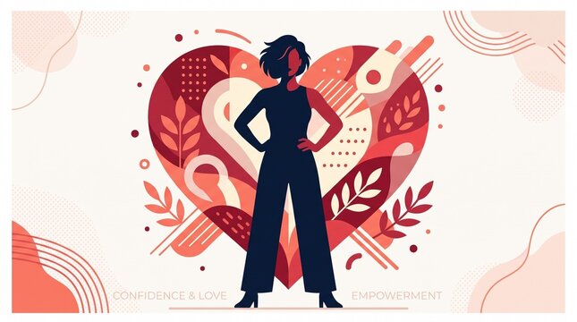 Confident woman silhouette with heart background