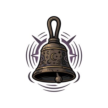 Antique ritual bell illustration with celestial moon and star engravings