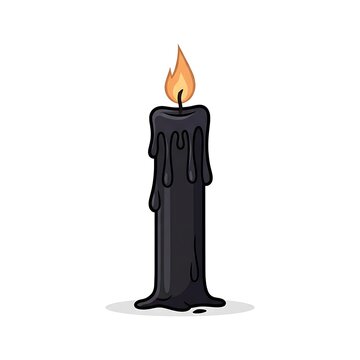 Lit black candle with melting wax isolated on a white background