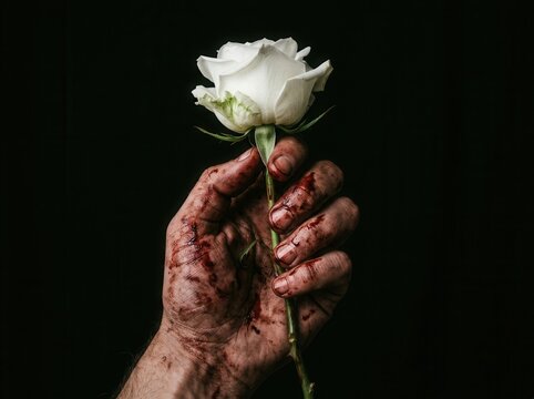 Bloody Hand Holding Pristine White Rose Against Dark Backdrop