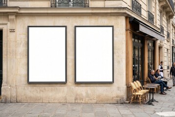 Fototapeta premium Two blank white vertical billboard mockups on a classic stone building wall beside an elegant Parisian outdoor sidewalk cafe with relaxing seated customers and a waiter.