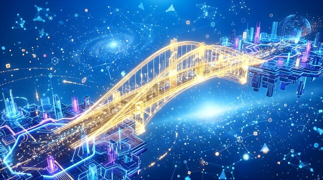 Futuristic digital bridge connecting floating tech cities in space