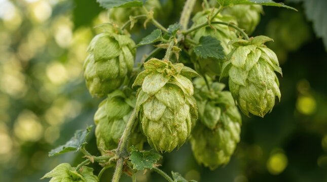 A close-up shot captures a cluster of vibrant green hops on a plant. The hops are densely packed, displaying their characteristic cone-shaped buds.