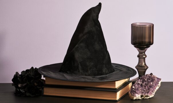 Black witch's hat on books with crystal, goblet, and pinecone