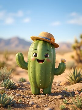 Cartoon cactus character wearing a cowboy hat smiles cheerfully in desert landscape with clear blue sky