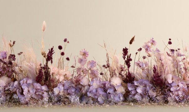 Dried flower border featuring hydrangeas, wild grasses, and assorted blossoms