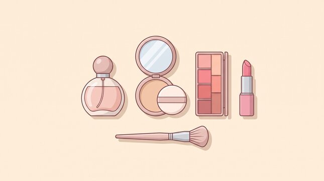 Elegant makeup vanity featuring compact powder, blush, perfume, lipstick and brush in refined flat pastel icons for beauty and cosmetic branding.