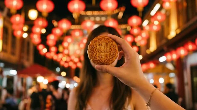 Woman holding mooncake under red lanterns on night street. Mid autumn festival celebration in chinatown. Traditional pastry and festive lights concept