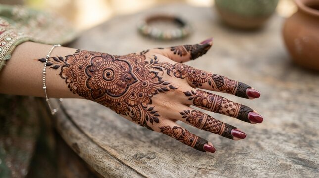 Intricate henna tattoo design featuring floral mandala patterns on a delicate feminine hand with polished red nails captured in a soft natural bright outdoor setting