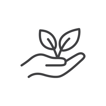 Bold icon of a hand nurturing a young plant, symbolizing growth, care, nature, sustainability, Line Style editable stroke