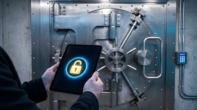 Person holding digital tablet with secure lock icon in front of bank vault