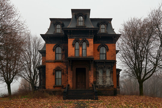 Mansion with victorian architecture and brick exterior in a gloomy autumn landscape with scary haunted house vibes