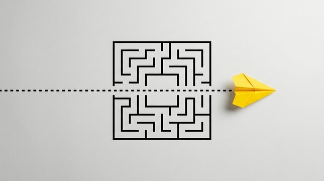 Bright yellow paper plane flies straight through a complex black printed maze on white paper background representing innovative creative solutions for difficult business project challenges