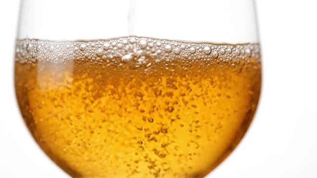 Fresh apple cider in autumn with bubbles pouring into a glass showing crisp golden details