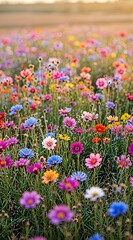 Obraz premium Vibrant field of colorful wildflowers blooming in a summer meadow under warm sunlight