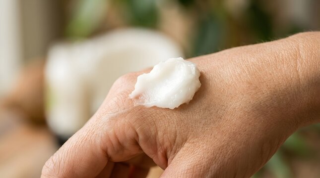 Close-up of moisturizing cream applied to human skin for skincare and hydration.