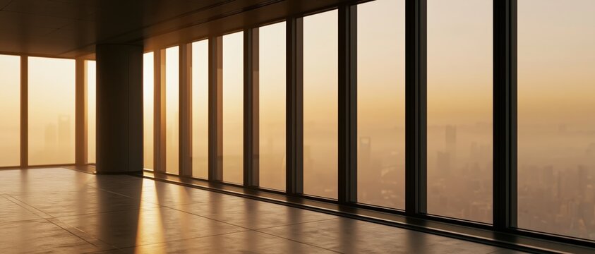 Modern Office Interior with Panoramic City Skyline View Through Large Windows at Sunset