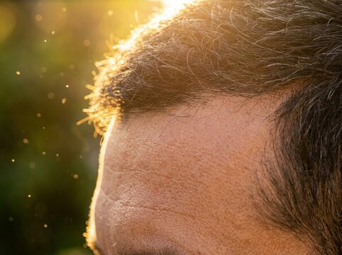 Persons Head with Hair Illuminated by Golden Hour Sunlight Outdoors