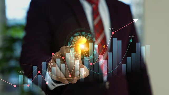 Businessman touches a glowing digital hologram chart with rising bars, arrows and data lines, showing financial growth, investment planning and market analysis.