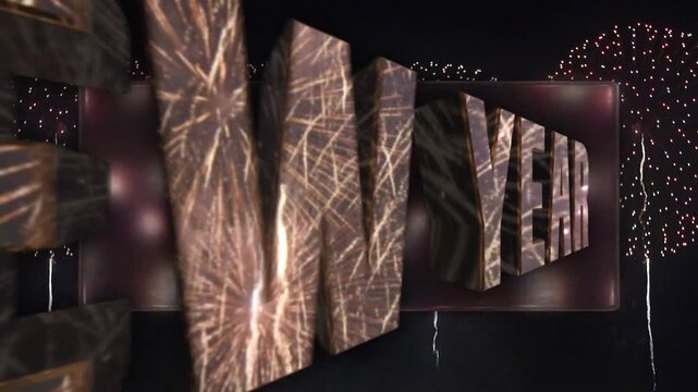 打ち上げ花火が鏡面反射するHAPPY NEW YEARの3Dモーションテキスト